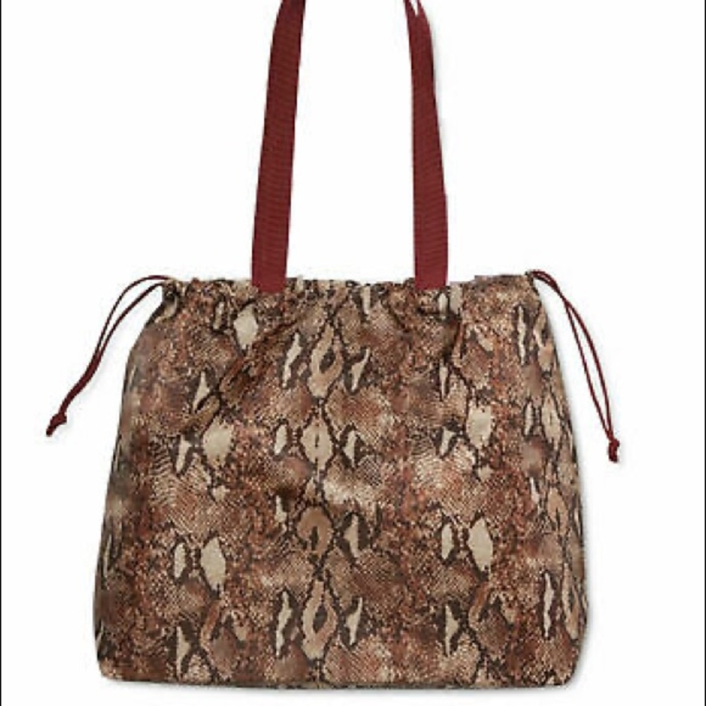 NWT Macys Burgundy Python Print Nylon Lightweight Large Drawstring Eco Tote Bag